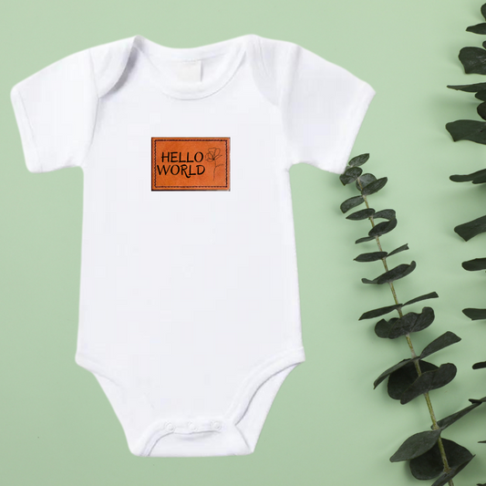 Custom Leather Patch Onesie - Hello World