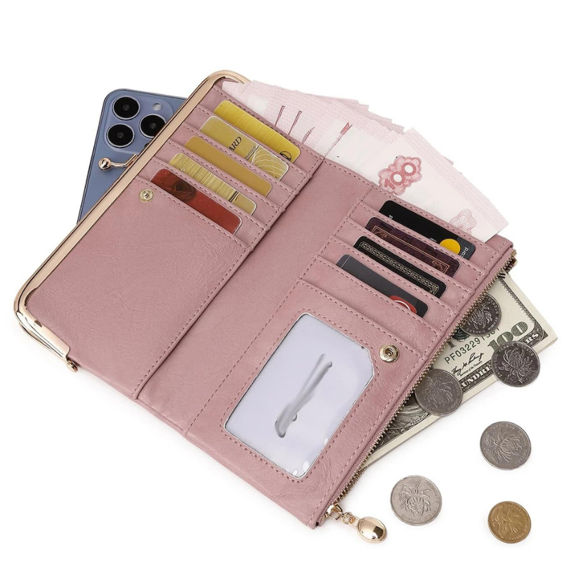 Pink Bi-Fold Zipper Kiss Lock Wallet